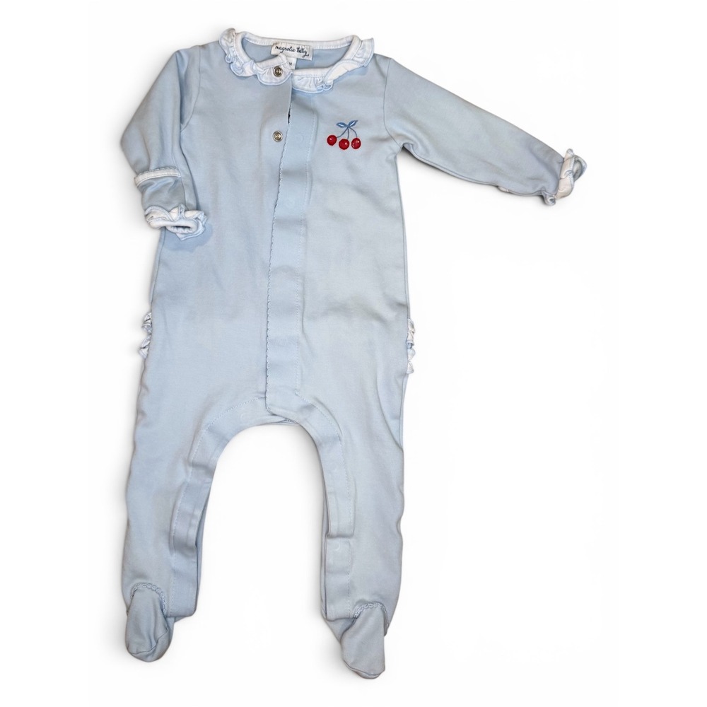 Magnolia Baby Blue Pima Cotton Cherry Ruffle‎ Footie Sleeper 3M